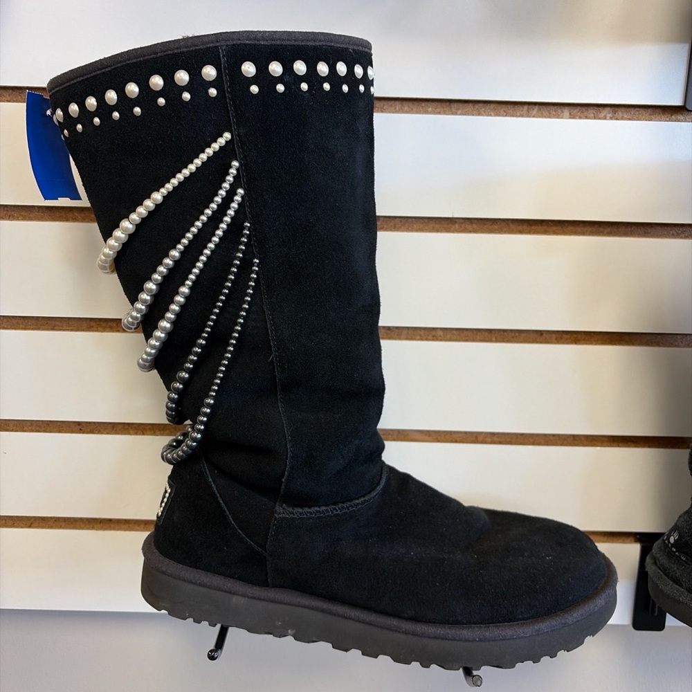 UGG Black Suede Women's Boots with Pearl Accents